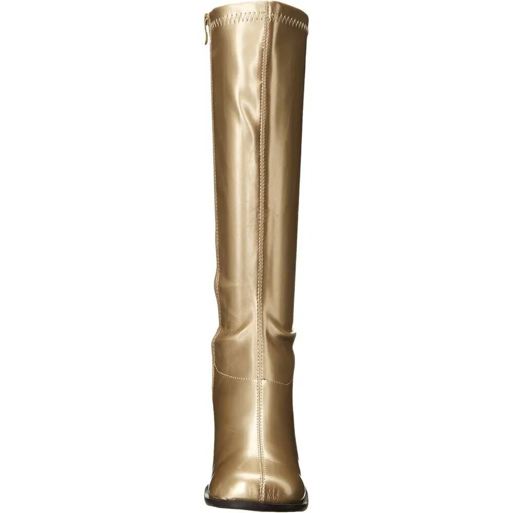 Women's Polyurethane Gold Gogo Knee High Peep-Toe Sling back Chunky Heels Boot
